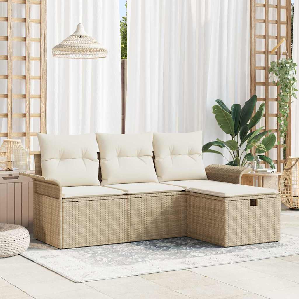 Gartensofa-set mit Kissen 4 pcs Beige und Creme Poly-Rattan