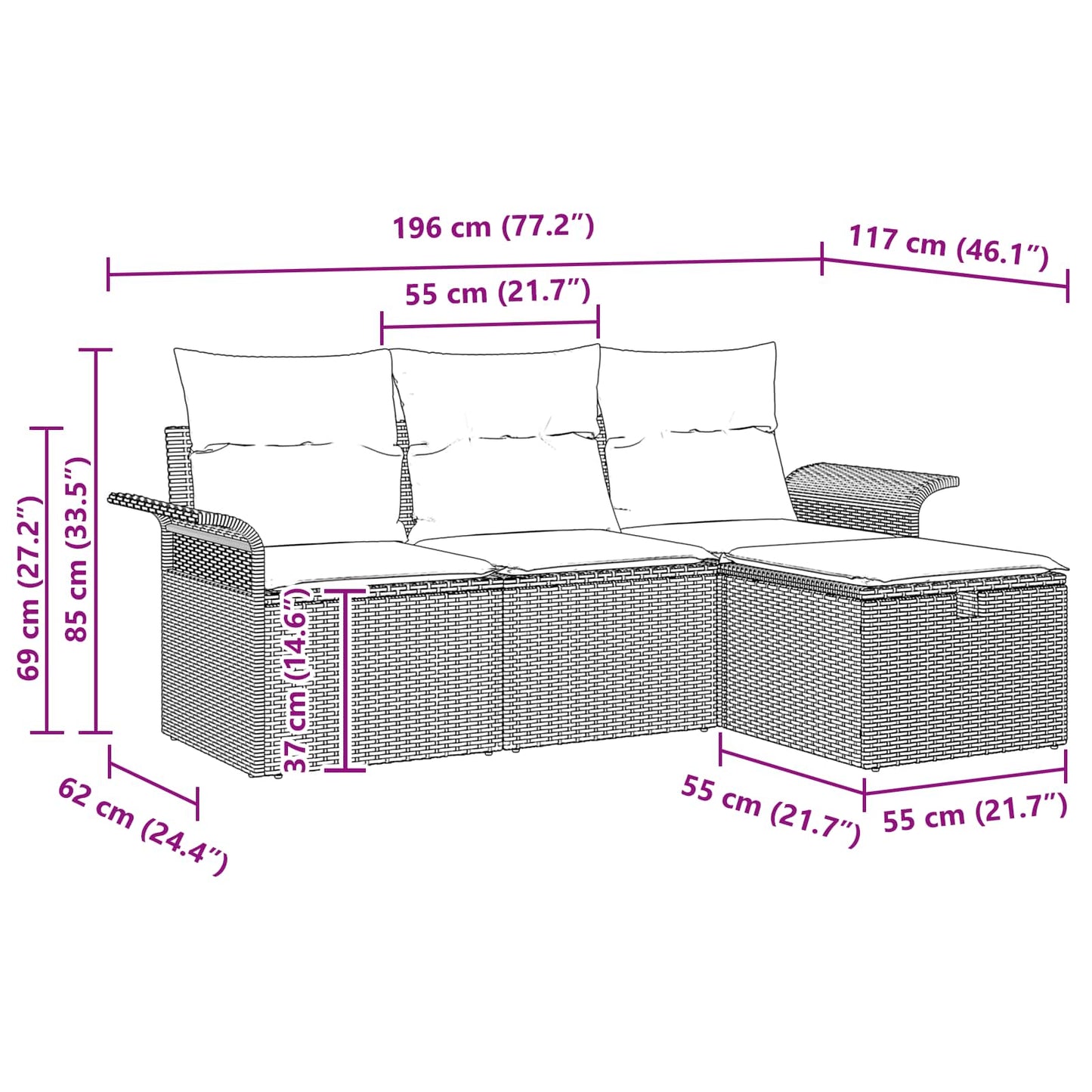Gartensofa-set mit Kissen 4 pcs Schwarz und Türkis Poly-Rattan