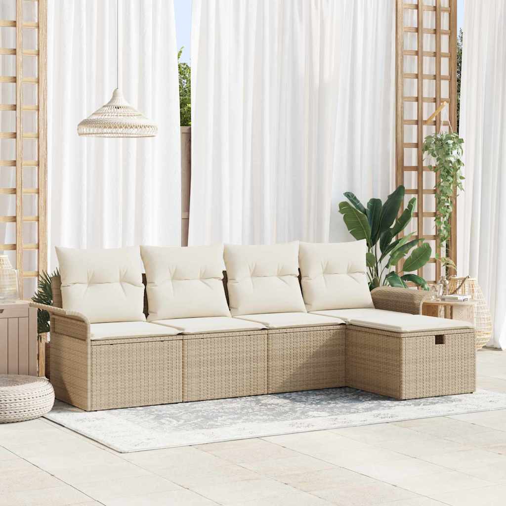 Gartensofa-set mit Kissen 5 pcs Beige und Creme Poly-Rattan