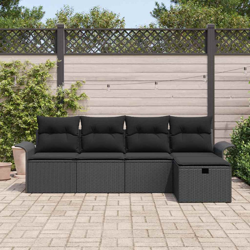 Gartensofa-set mit Kissen 5 pcs Schwarz Poly-Rattan