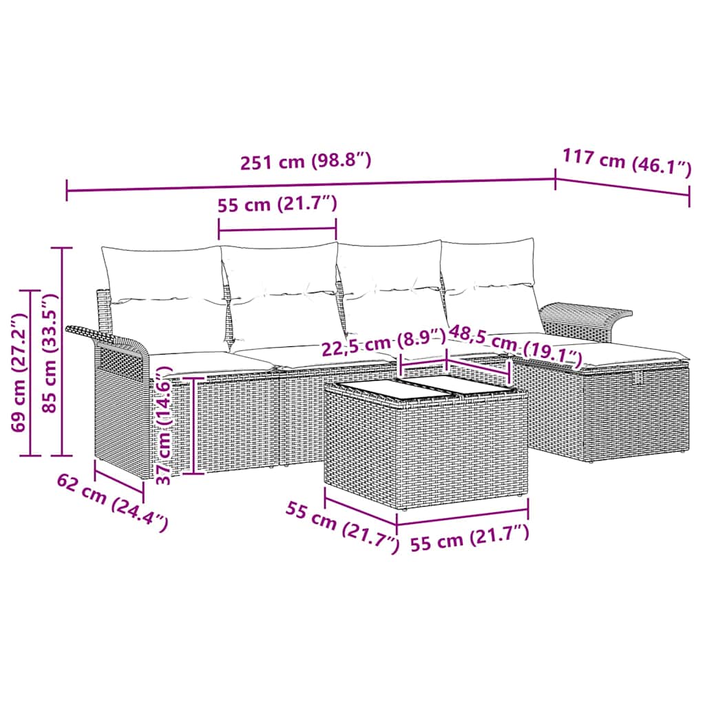 Gartensofa-set mit Kissen 6 pcs Beige und Hellgrau Poly-Rattan