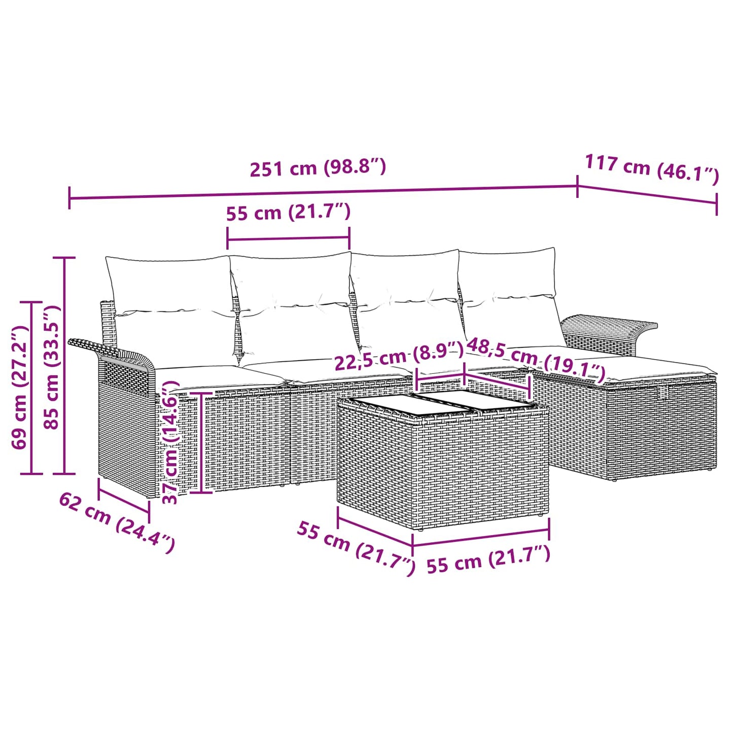 Gartensofa-set mit Kissen 6 pcs Schwarz und Türkis Poly-Rattan