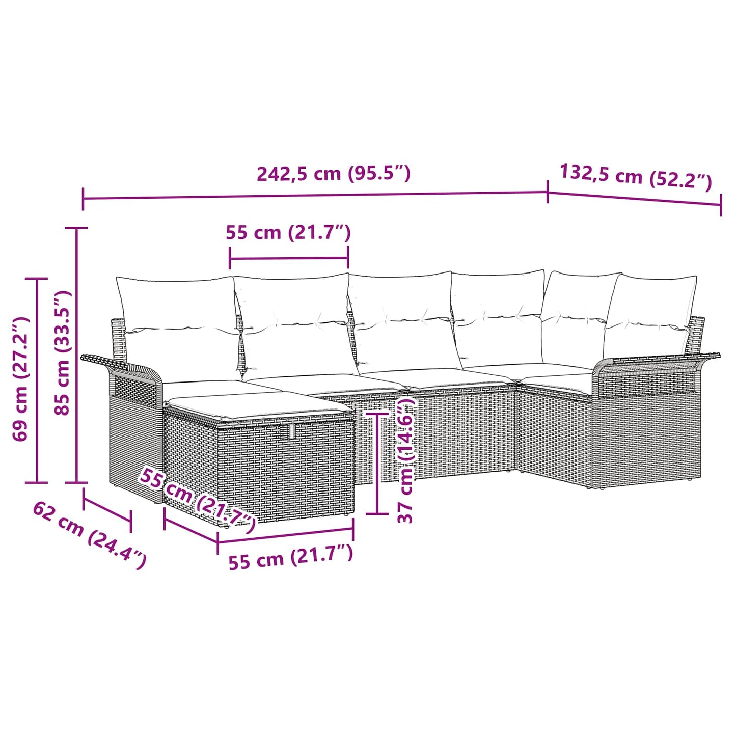 Gartensofa-set mit Kissen 6 pcs Schwarz und Türkis Poly-Rattan