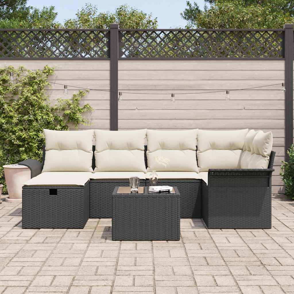 Gartensofa-set mit Kissen 7 pcs Schwarz und Creme Poly-Rattan