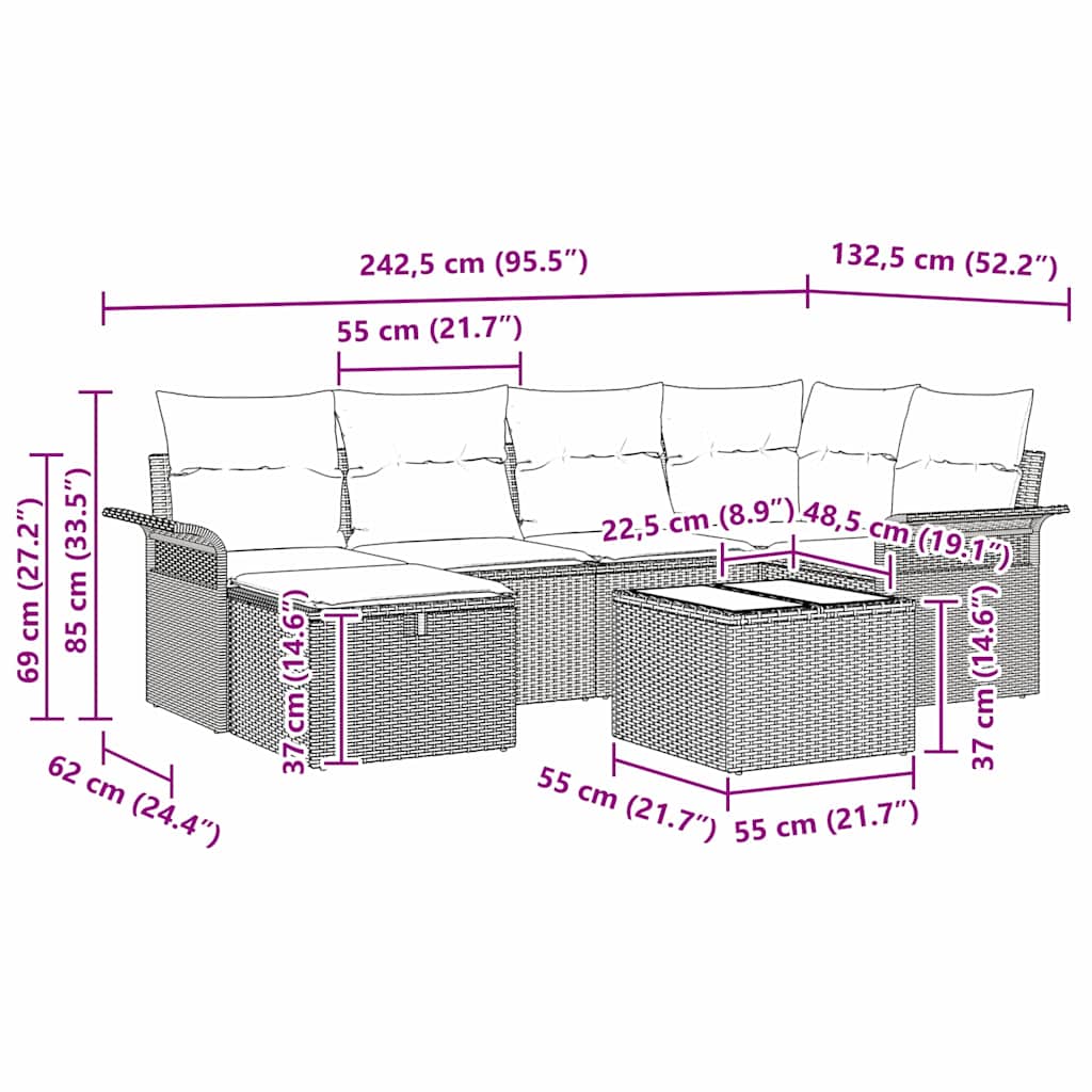 Gartensofa-set mit Kissen mit Speicher 7 pcs Grau Poly-Rattan