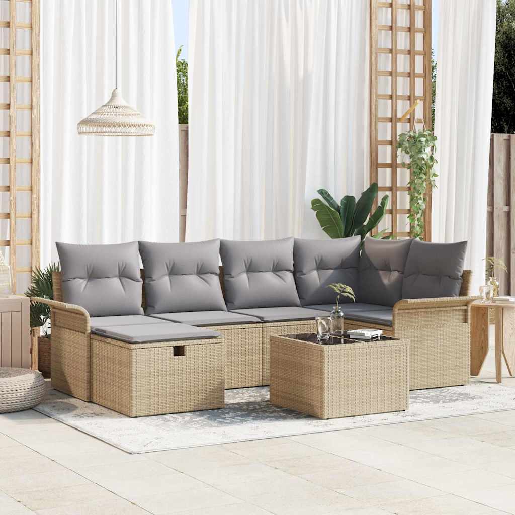 Gartensofa-set mit Kissen 7 pcs Beige und Hellgrau Poly-Rattan