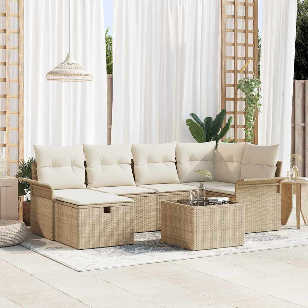 Gartensofa-set mit Kissen 7 pcs Beige und Creme Poly-Rattan