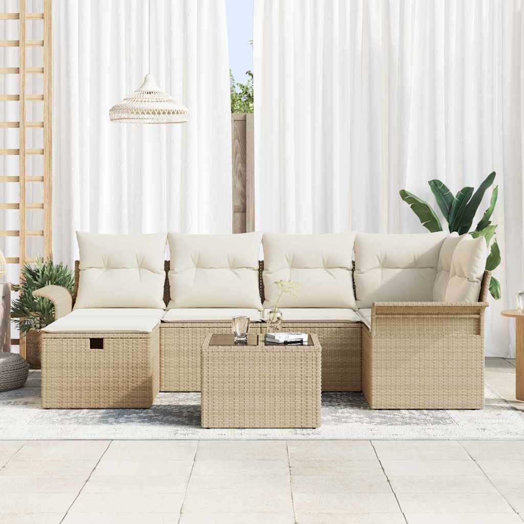 Gartensofa-set mit Kissen 7 pcs Beige und Creme Poly-Rattan