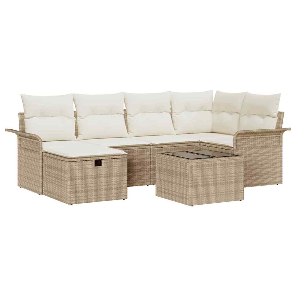 Gartensofa-set mit Kissen 7 pcs Beige und Creme Poly-Rattan