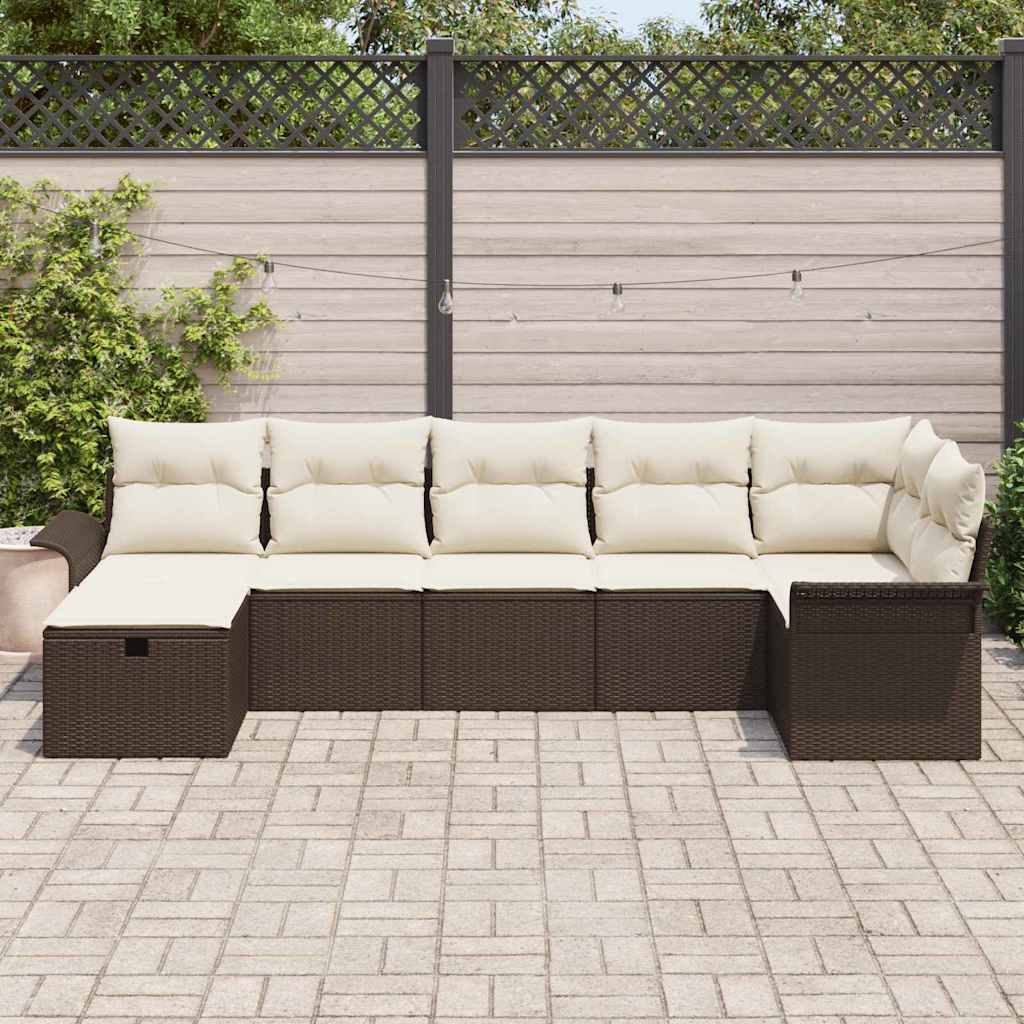 Gartensofa-set mit Kissen 7 pcs Braun und Creme Poly-Rattan