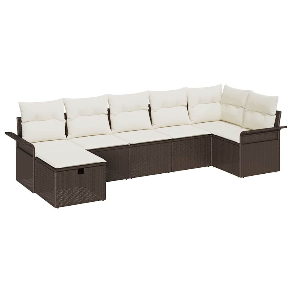Gartensofa-set mit Kissen 7 pcs Braun und Creme Poly-Rattan