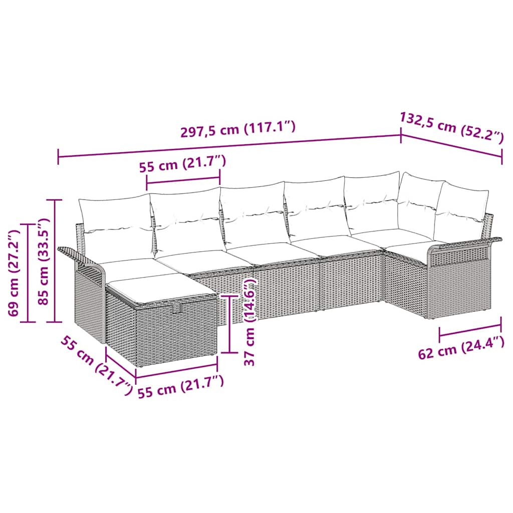 Gartensofa-set mit Kissen 7 pcs Beige und Hellgrau Poly-Rattan