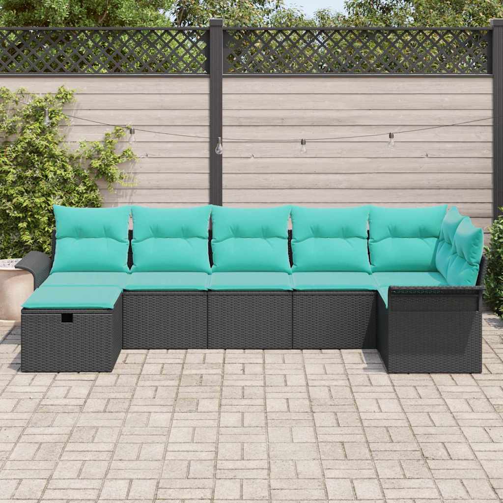 Gartensofa-set mit Kissen 7 pcs Schwarz und Türkis Poly-Rattan