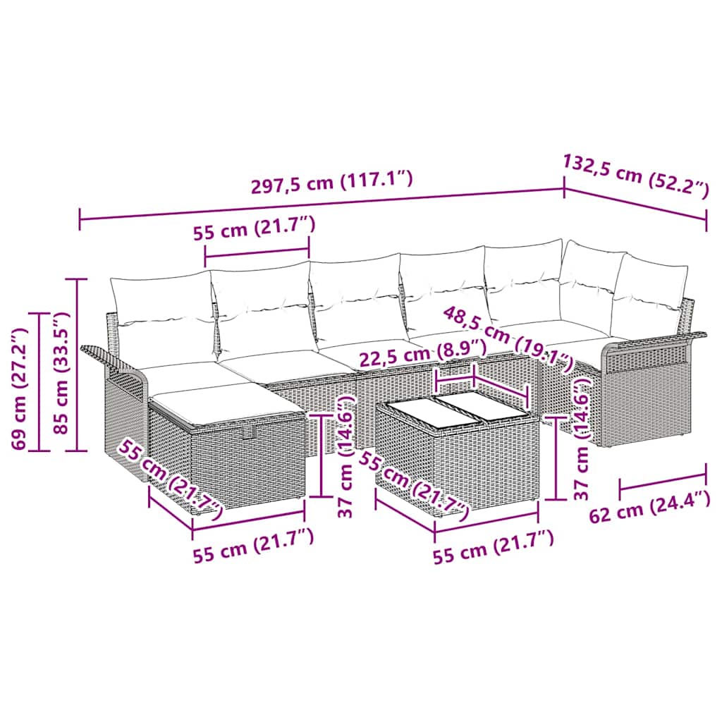 Gartensofa-set mit Kissen 8 pcs Beige und Hellgrau Poly-Rattan