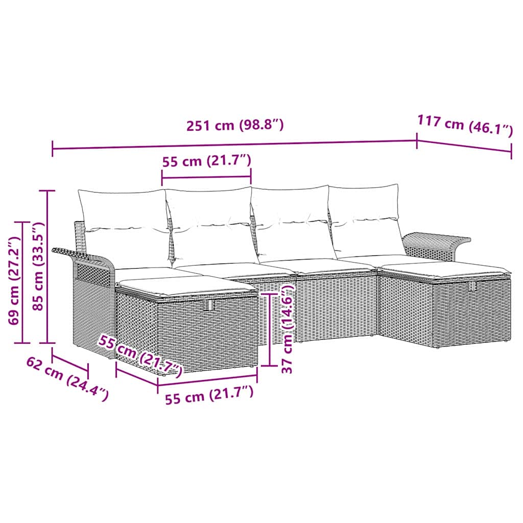 Gartensofa-set mit Kissen 6 pcs Hellgrau Poly-Rattan