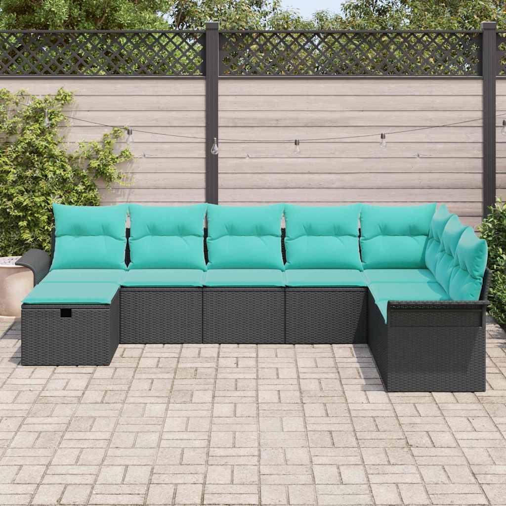 Gartensofa-set mit Kissen 8 pcs Schwarz und Türkis Poly-Rattan