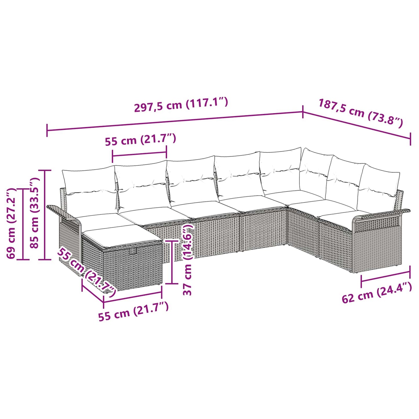 Gartensofa-set mit Kissen 8 pcs Schwarz und Türkis Poly-Rattan