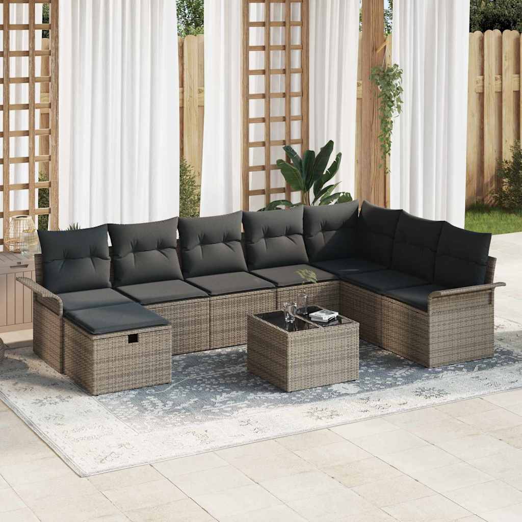 Gartensofa-set mit Kissen mit Speicher 9 pcs Grau Poly-Rattan