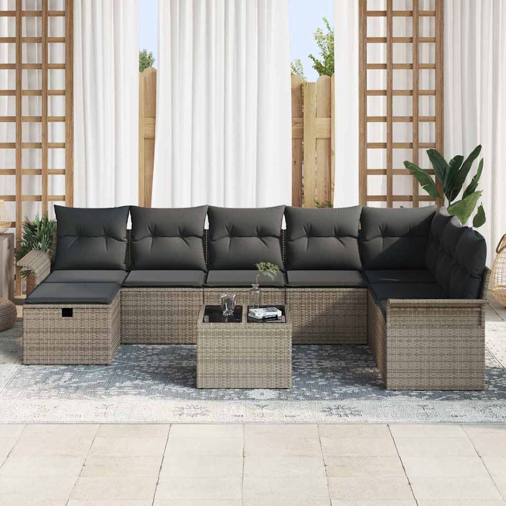 Gartensofa-set mit Kissen mit Speicher 9 pcs Grau Poly-Rattan