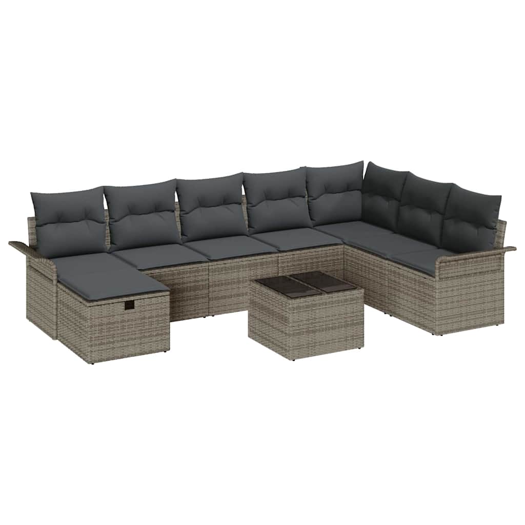 Gartensofa-set mit Kissen mit Speicher 9 pcs Grau Poly-Rattan