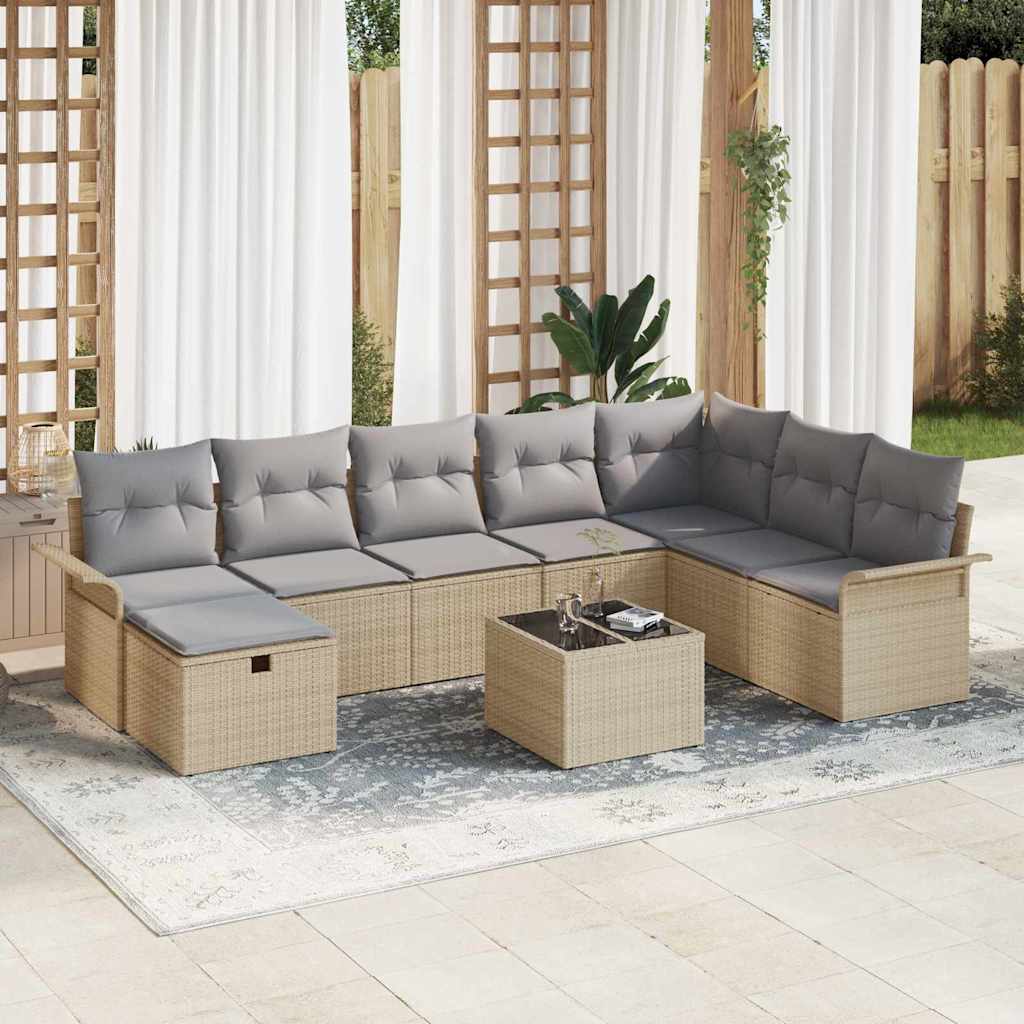 Gartensofa-set mit Kissen 9 pcs Beige und Hellgrau Poly-Rattan