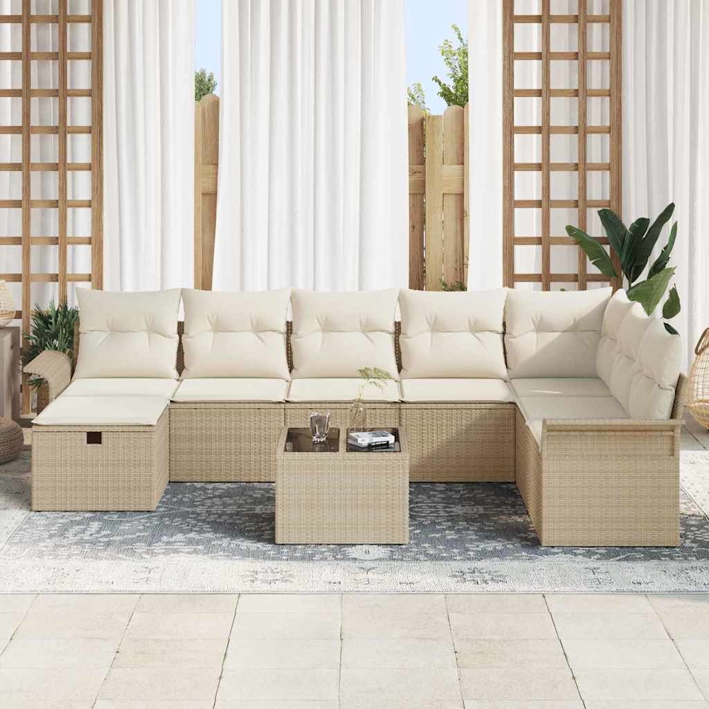 Gartensofa-set mit Kissen 9 pcs Beige und Creme Poly-Rattan