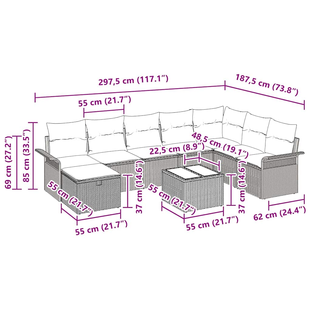 Gartensofa-set mit Kissen 9 pcs Hellgrau Poly-Rattan