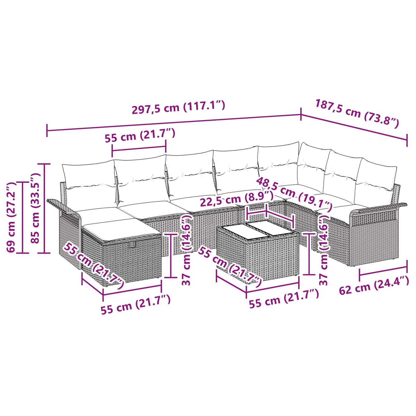 Gartensofa-set mit Kissen 9 pcs Schwarz und Türkis Poly-Rattan