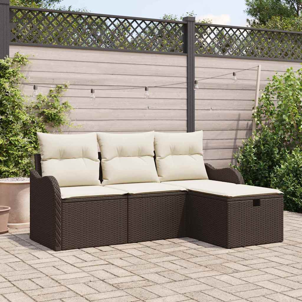 Gartensofa-set mit Kissen 4 pcs Braun und Creme Poly-Rattan