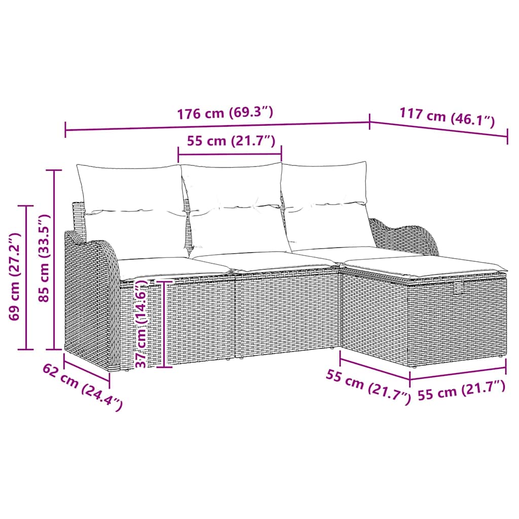 Gartensofa-set mit Kissen 4 pcs Braun und Creme Poly-Rattan