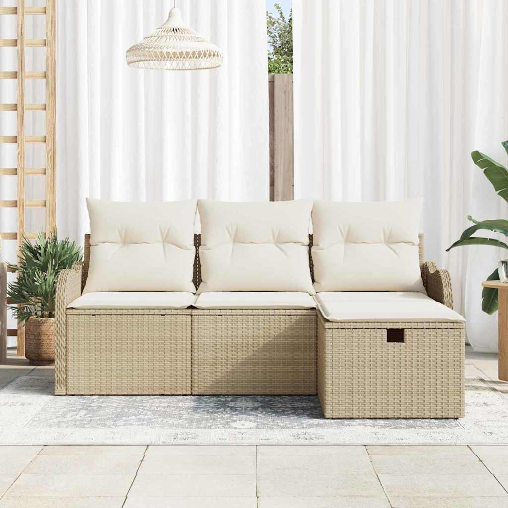 Gartensofa-set mit Kissen 4 pcs Beige und Creme Poly-Rattan