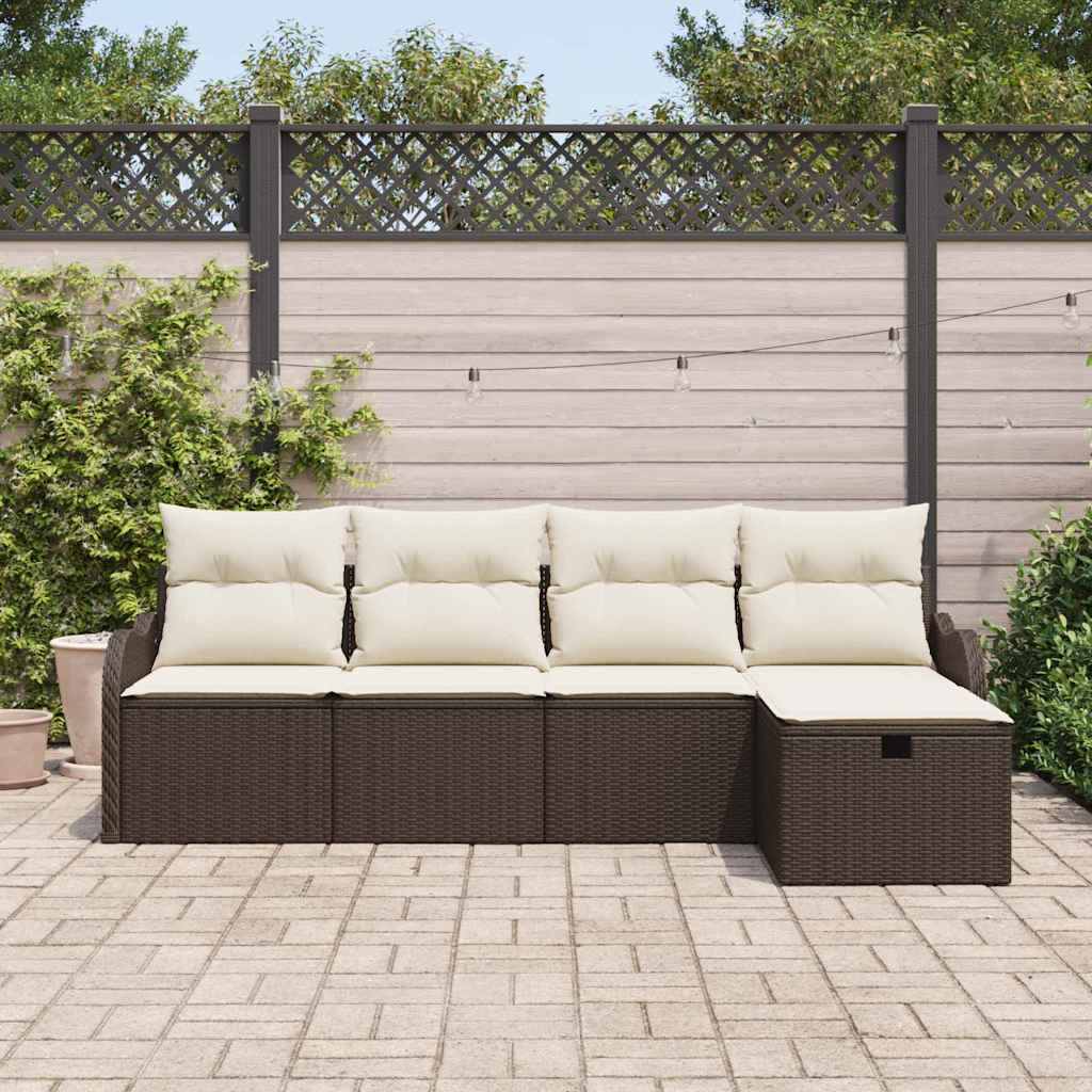 Garten-Sofa-Set mit Kissen 5 pcs Braun und Creme Poly Rattan