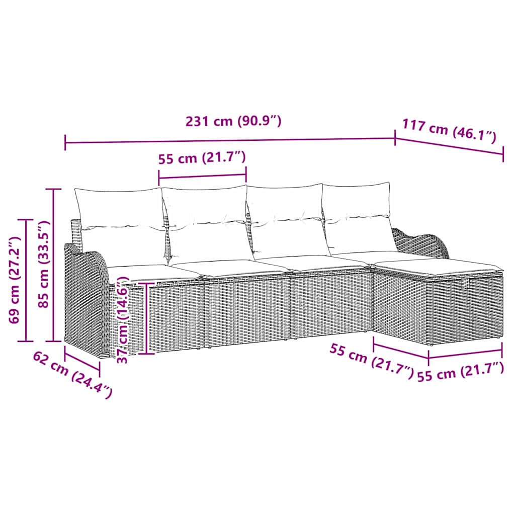 Garten-Sofa-Set mit Kissen 5 pcs Braun und Creme Poly Rattan