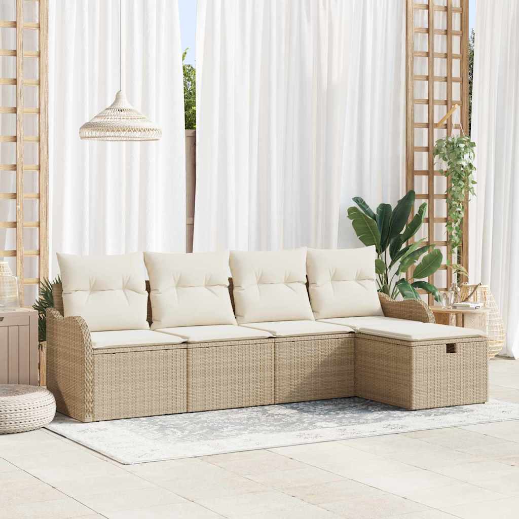 Gartensofa-set mit Kissen 5 pcs Beige und Creme Poly-Rattan