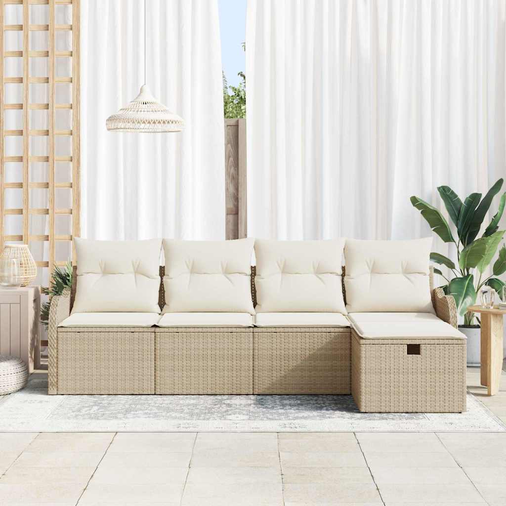 Gartensofa-set mit Kissen 5 pcs Beige und Creme Poly-Rattan