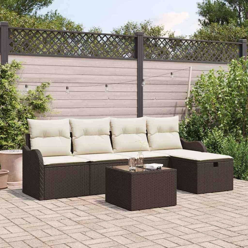 Gartensofa-set mit Kissen 6 pcs Braun und Creme Poly-Rattan