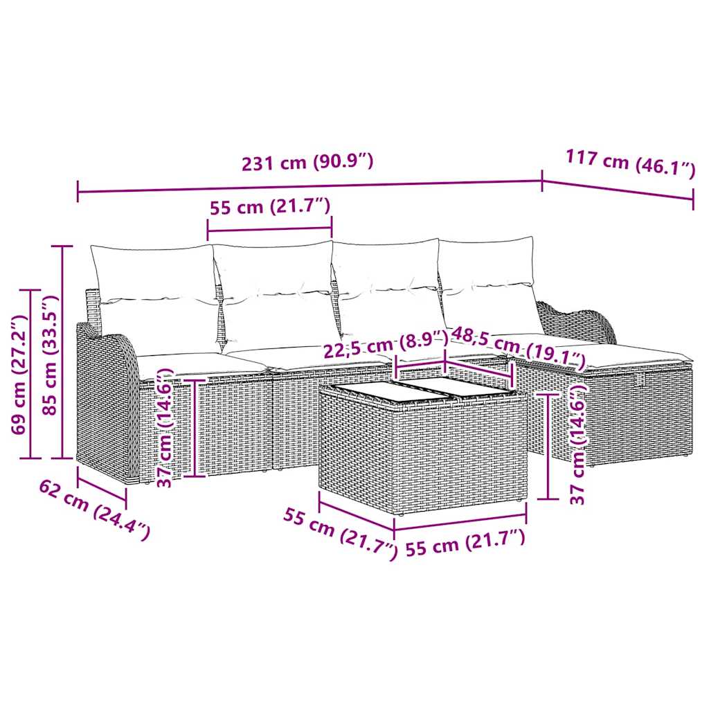 Gartensofa-set mit Kissen 6 pcs Hellgrau Poly-Rattan