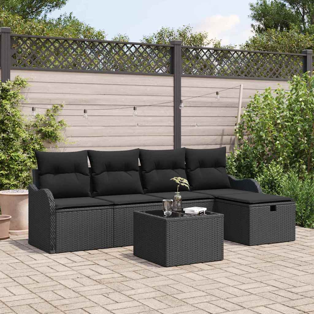 Gartensofa-set mit Kissen 6 pcs Schwarz Poly-Rattan