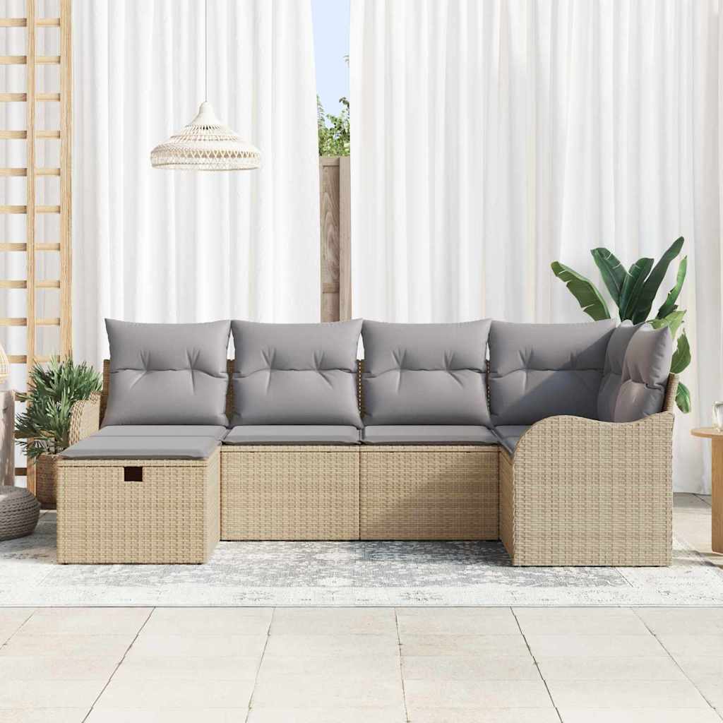Garten-Sofa-Set mit Kissen 6 pcs Beige und Hellgrau Poly Rattan