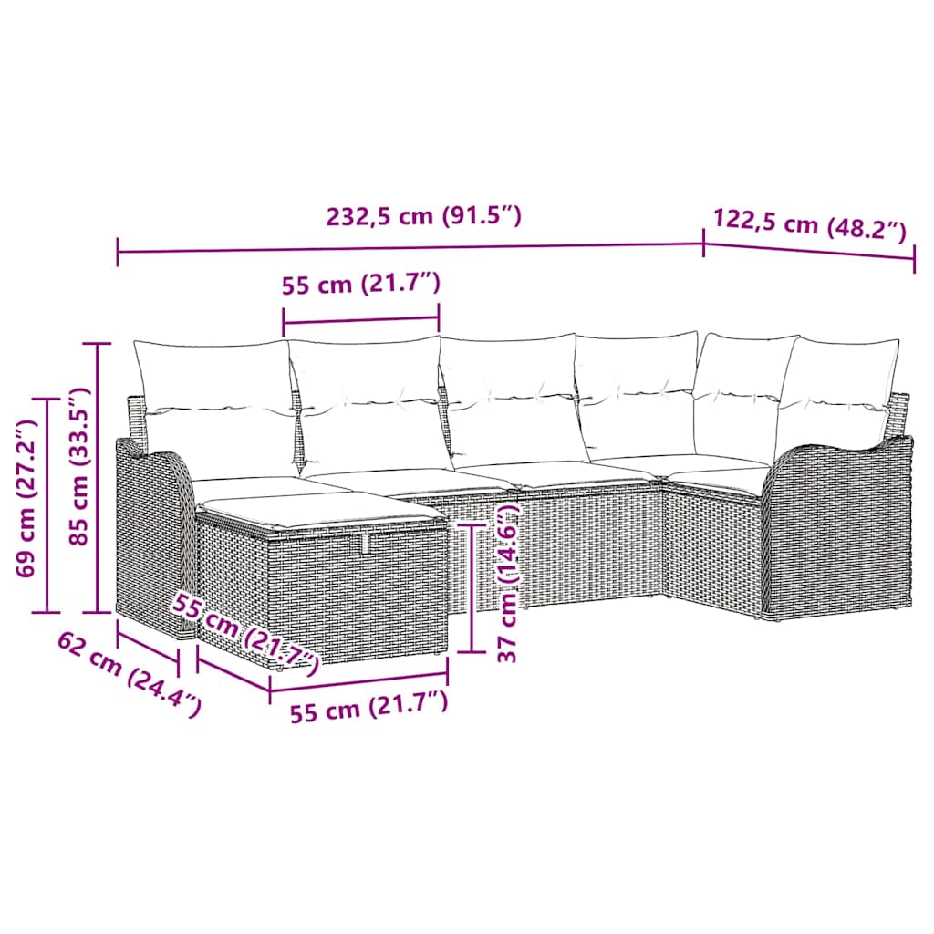 Garten-Sofa-Set mit Kissen 6 pcs Hellgrau Poly Rattan