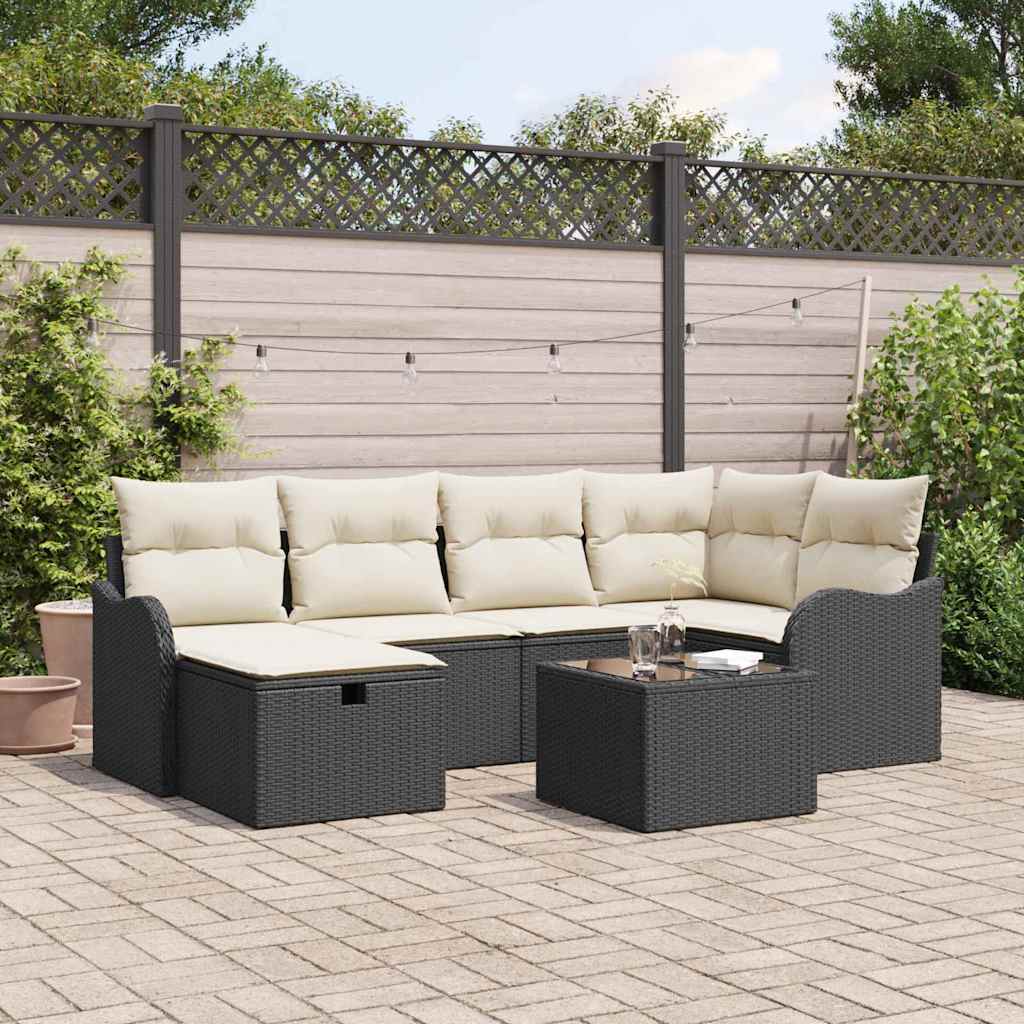 Garten-Sofa-Set mit Kissen 7 pcs Schwarz und Creme Poly Rattan