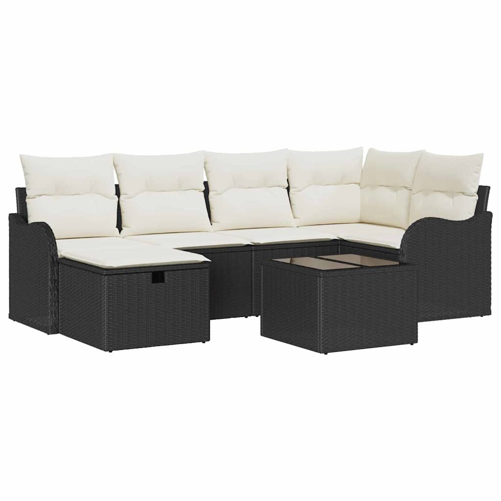 Garten-Sofa-Set mit Kissen 7 pcs Schwarz und Creme Poly Rattan