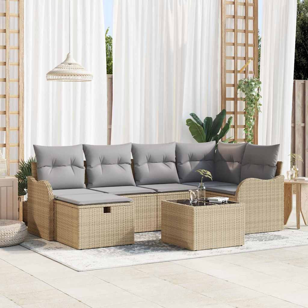 Garten-Sofa-Set mit Kissen 7 pcs Beige und Hellgrau Poly Rattan