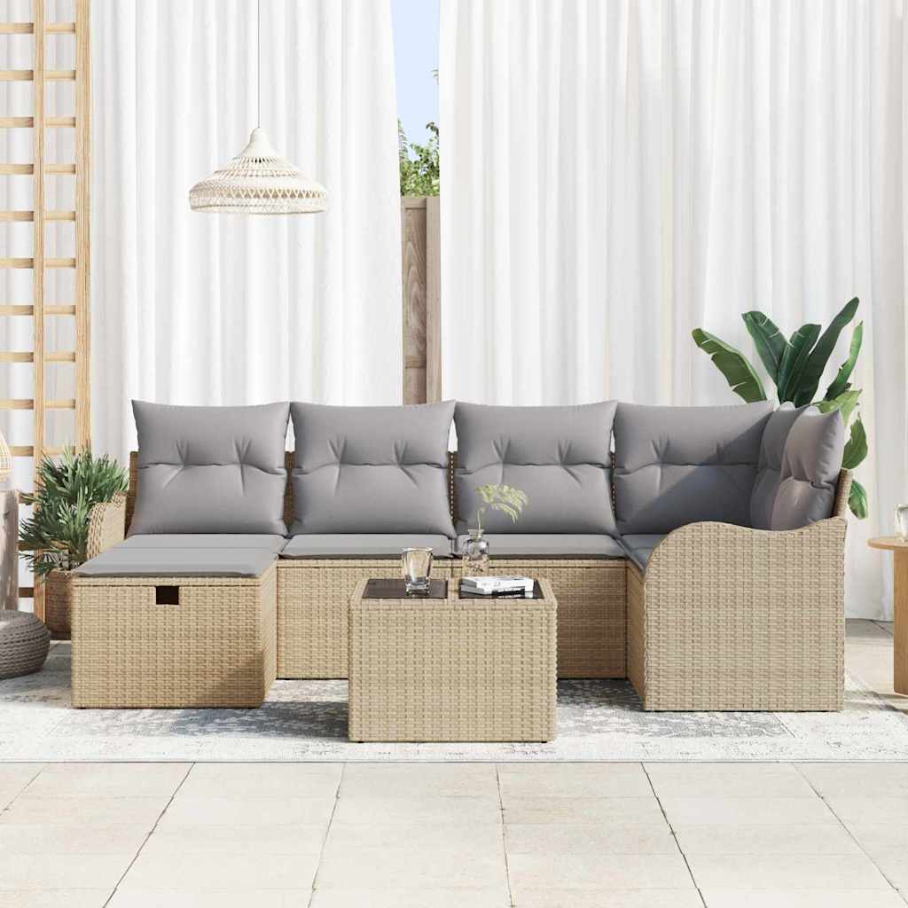 Garten-Sofa-Set mit Kissen 7 pcs Beige und Hellgrau Poly Rattan