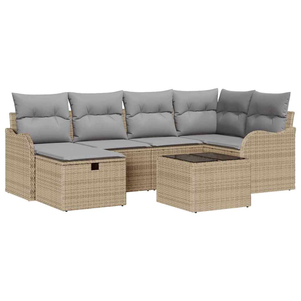 Garten-Sofa-Set mit Kissen 7 pcs Beige und Hellgrau Poly Rattan