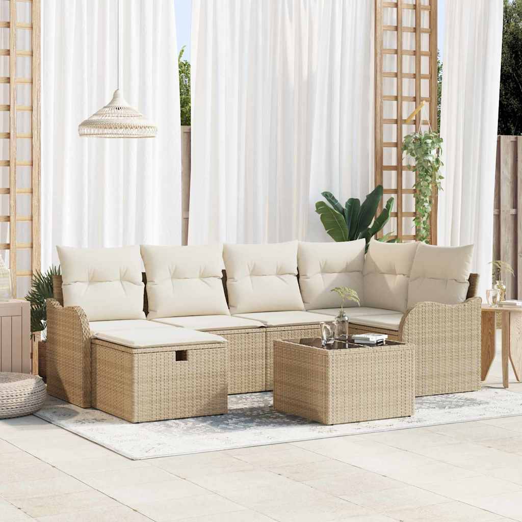 Garten-Sofa-Set mit Kissen 7 pcs Beige und Creme Poly Rattan