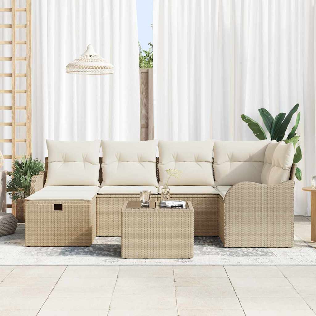 Garten-Sofa-Set mit Kissen 7 pcs Beige und Creme Poly Rattan