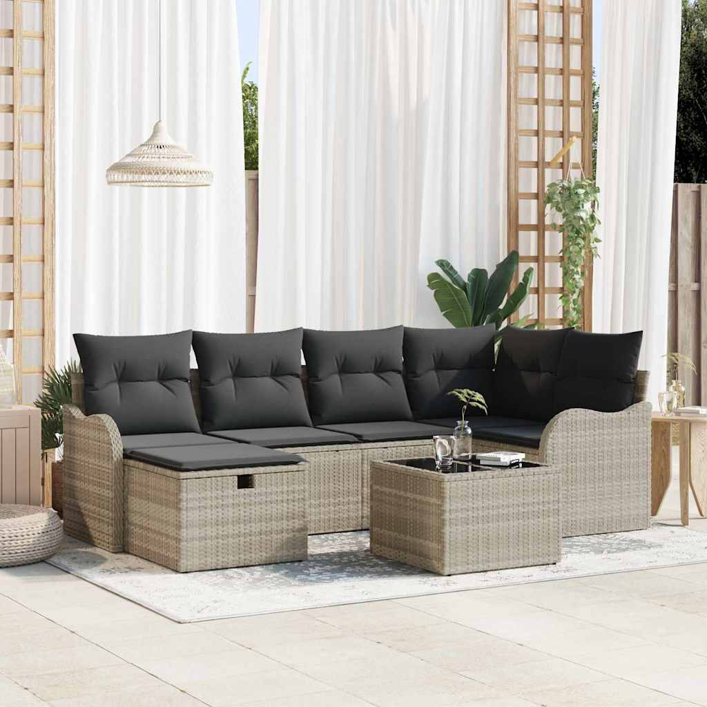 Garten-Sofa-Set mit Kissen 7 pcs Hellgrau Poly Rattan