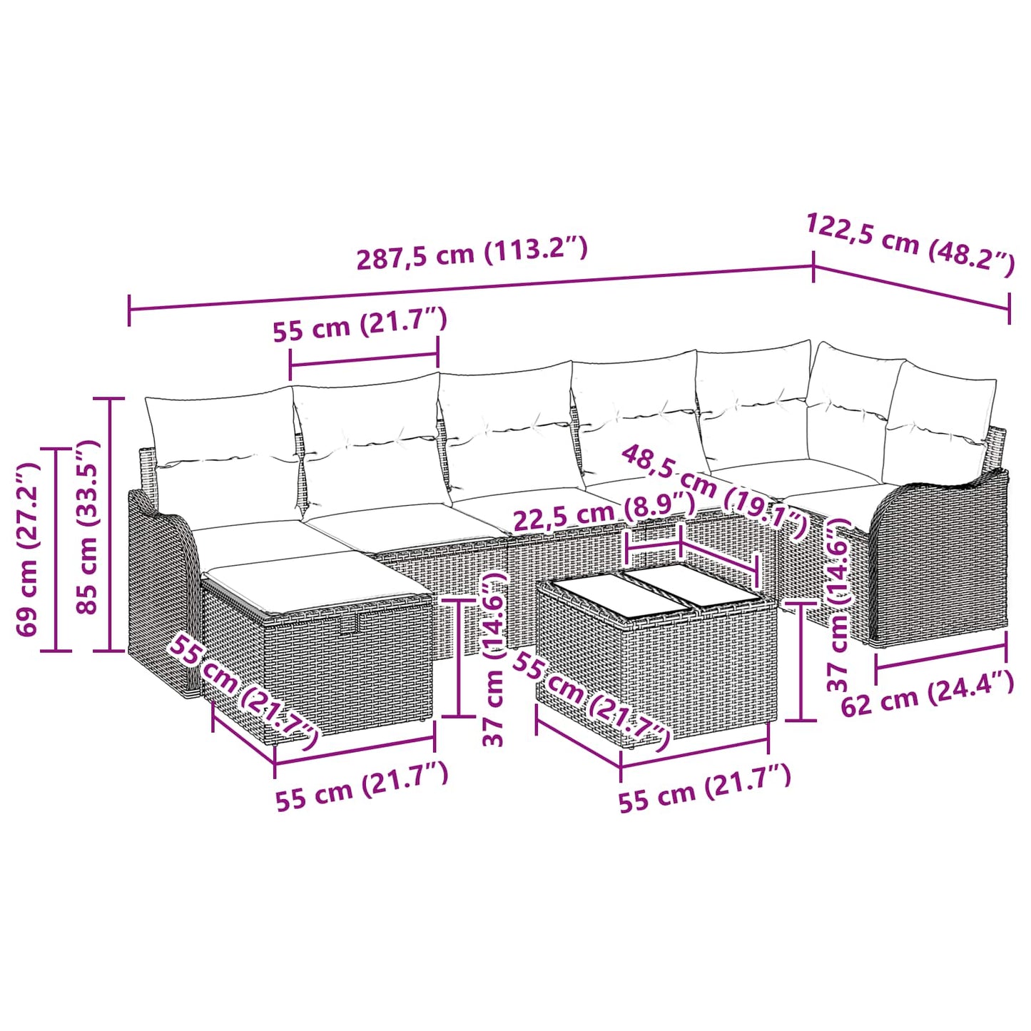 Sofa Set mit Kissen 8 pcs Schwarz und Creme Poly-Rattan