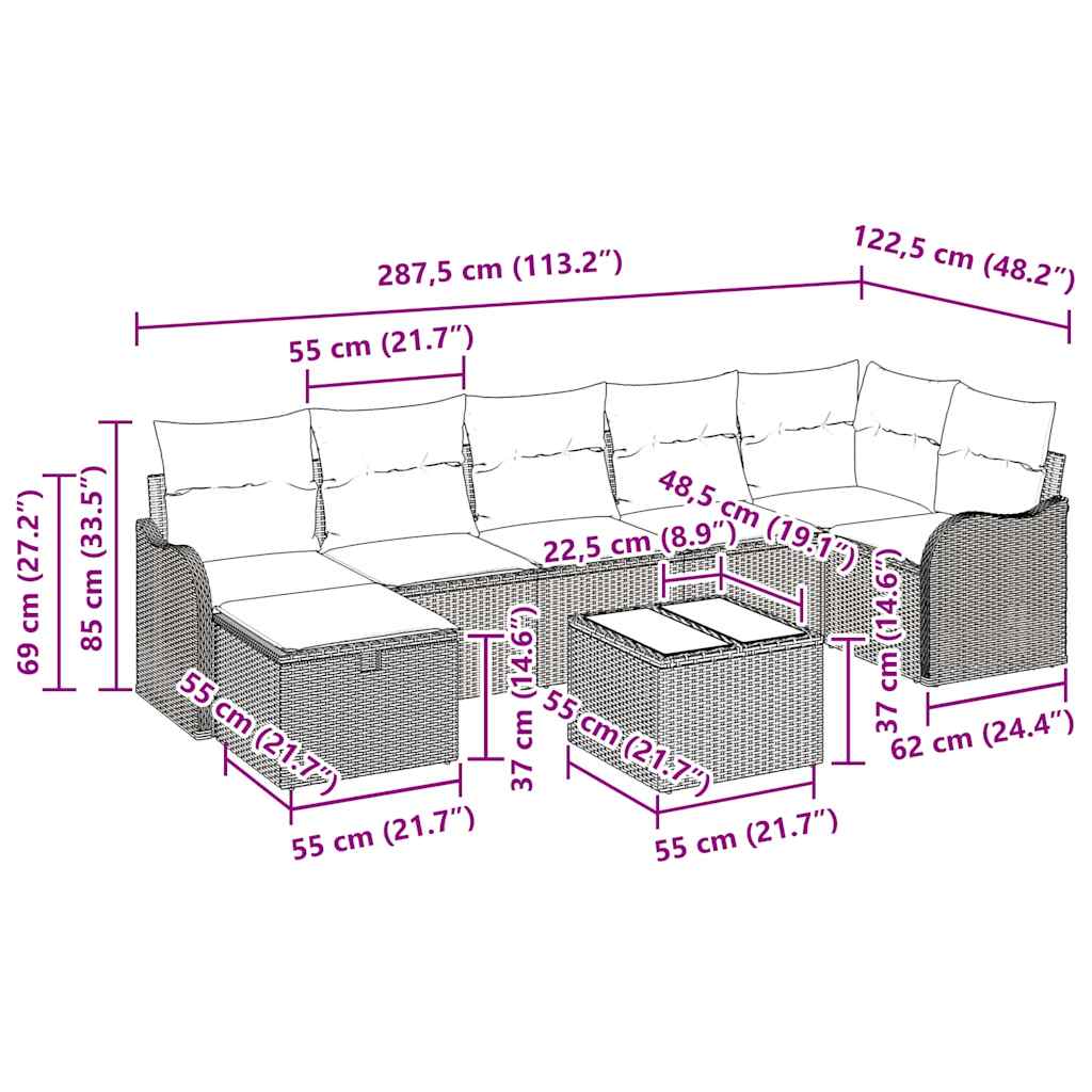 Sofa Set mit Kissen mit Speicher 8 pcs Hellgrau Poly-Rattan